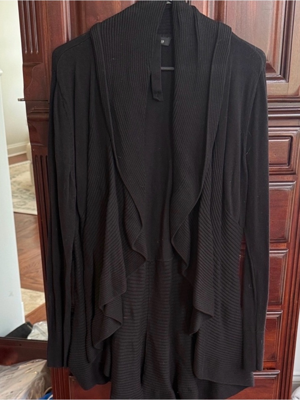 White House Black Market Black Waterfall Cardigan Draped Ribbed Knit L